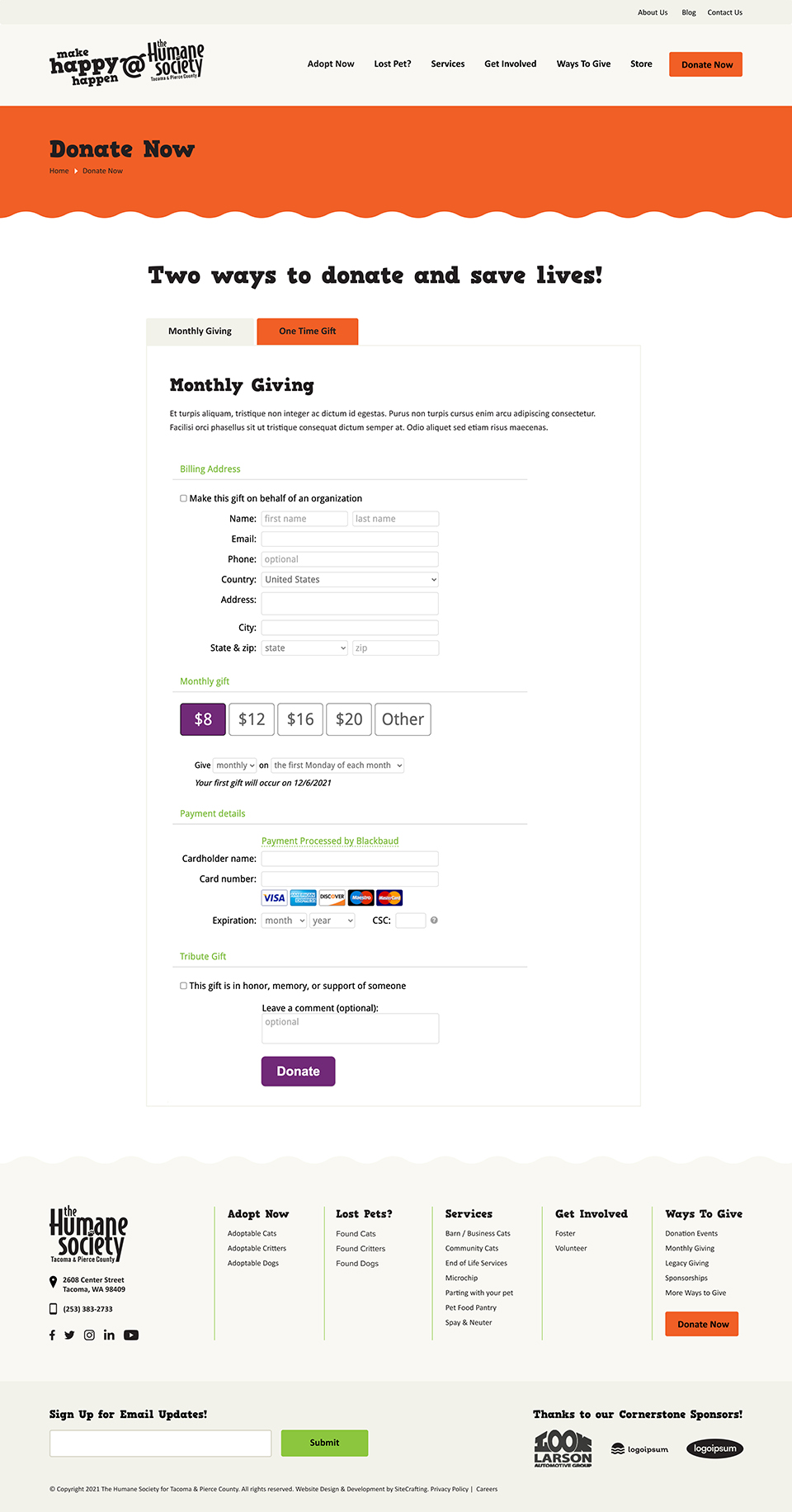 Humane Society website donate page mockup
