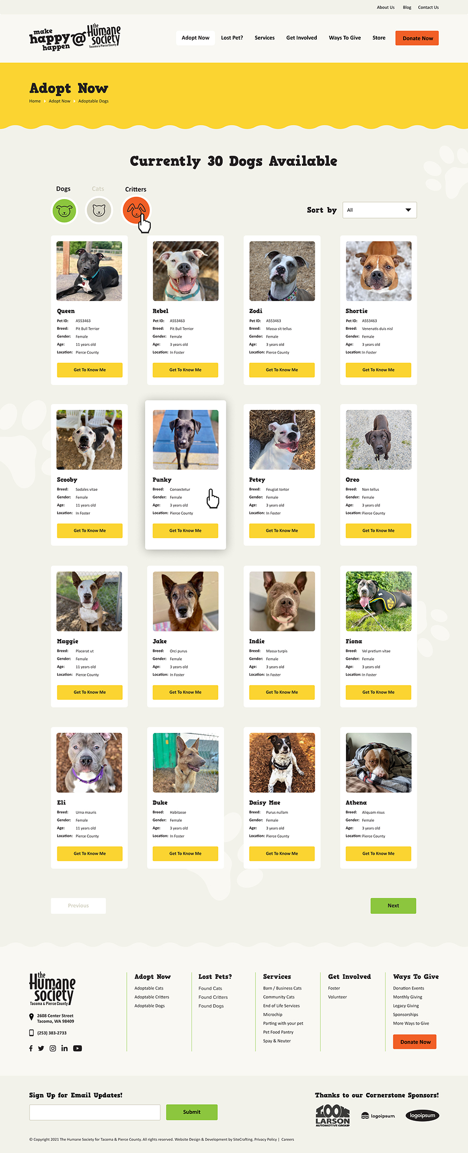 Humane Society website adoptable pet landing page mockup