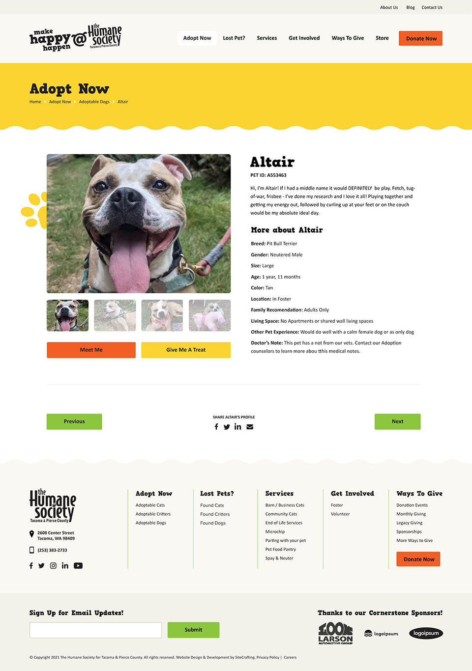 Humane Society website pet details page mockup