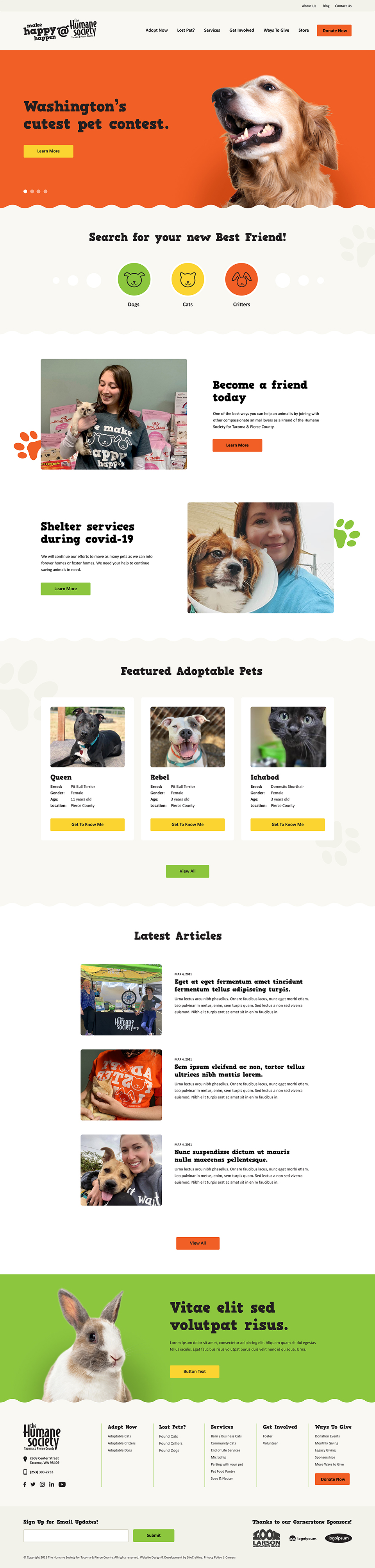 Humane Society homepage page mockup with orange hero