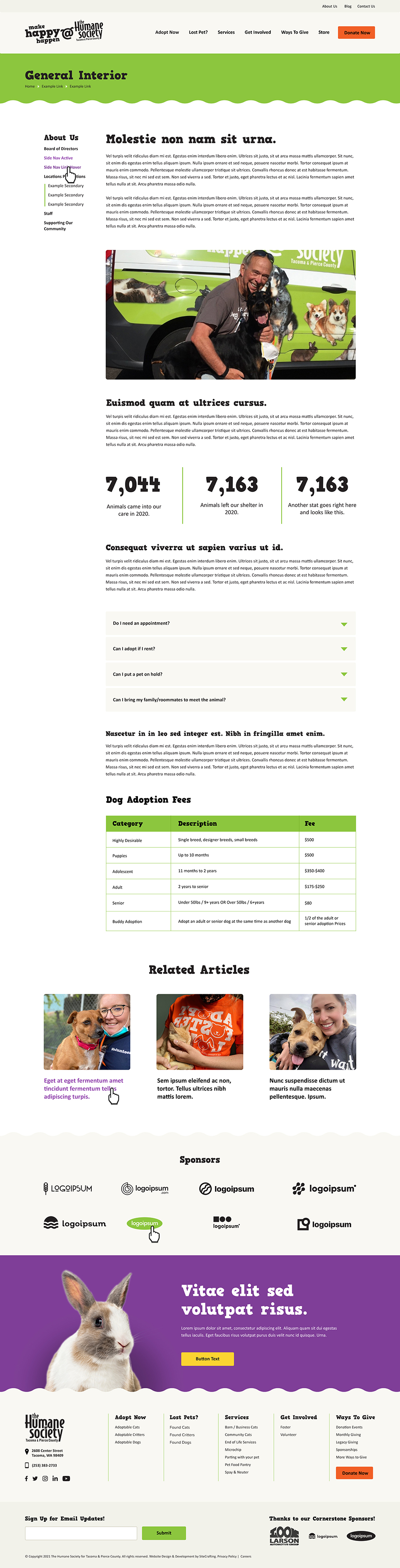 Humane Society website about general interior page mockup showing flexible content patterns