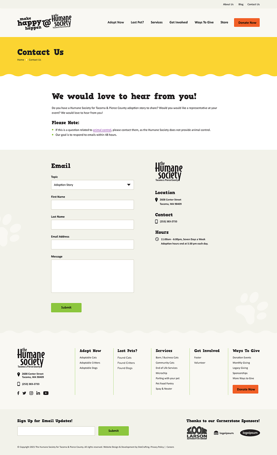 Humane Society website contact page mockup