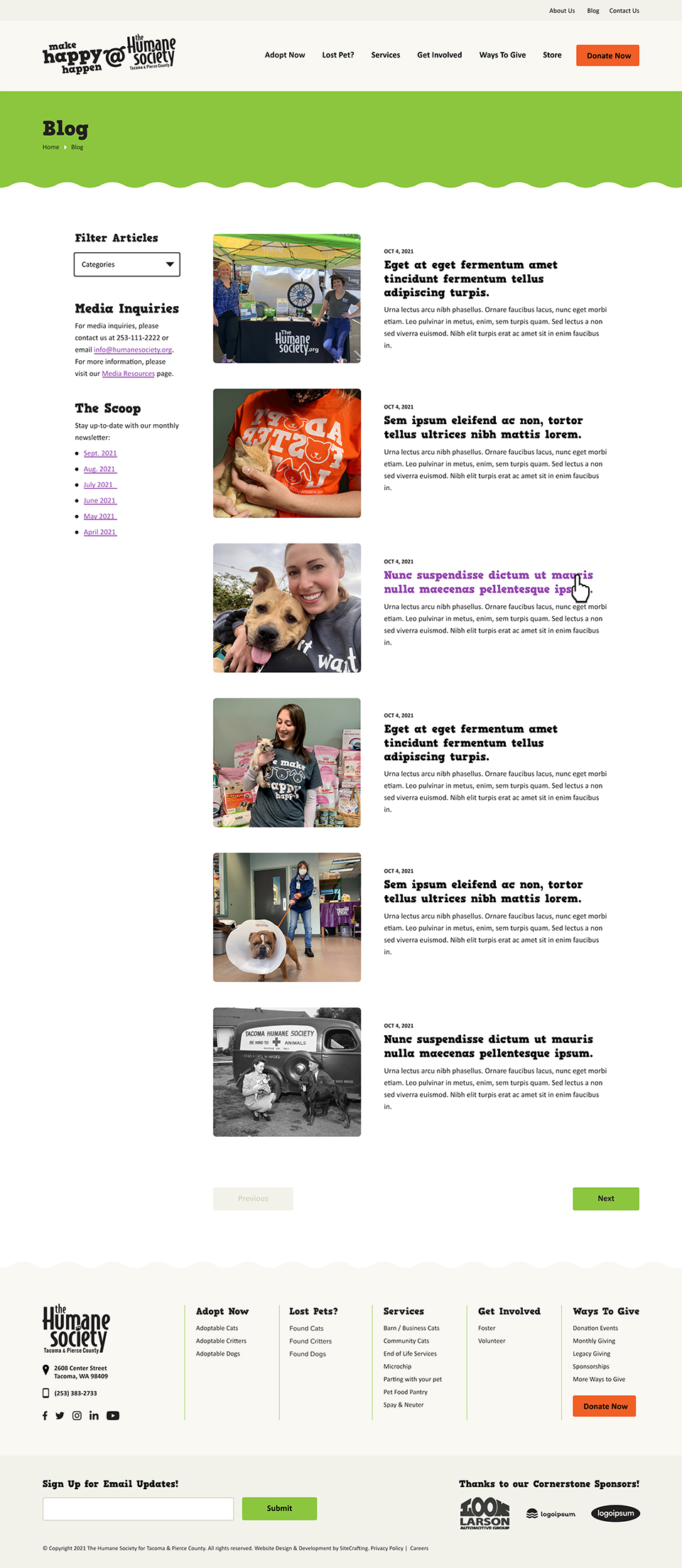 Humane Society website blog landing page mockup