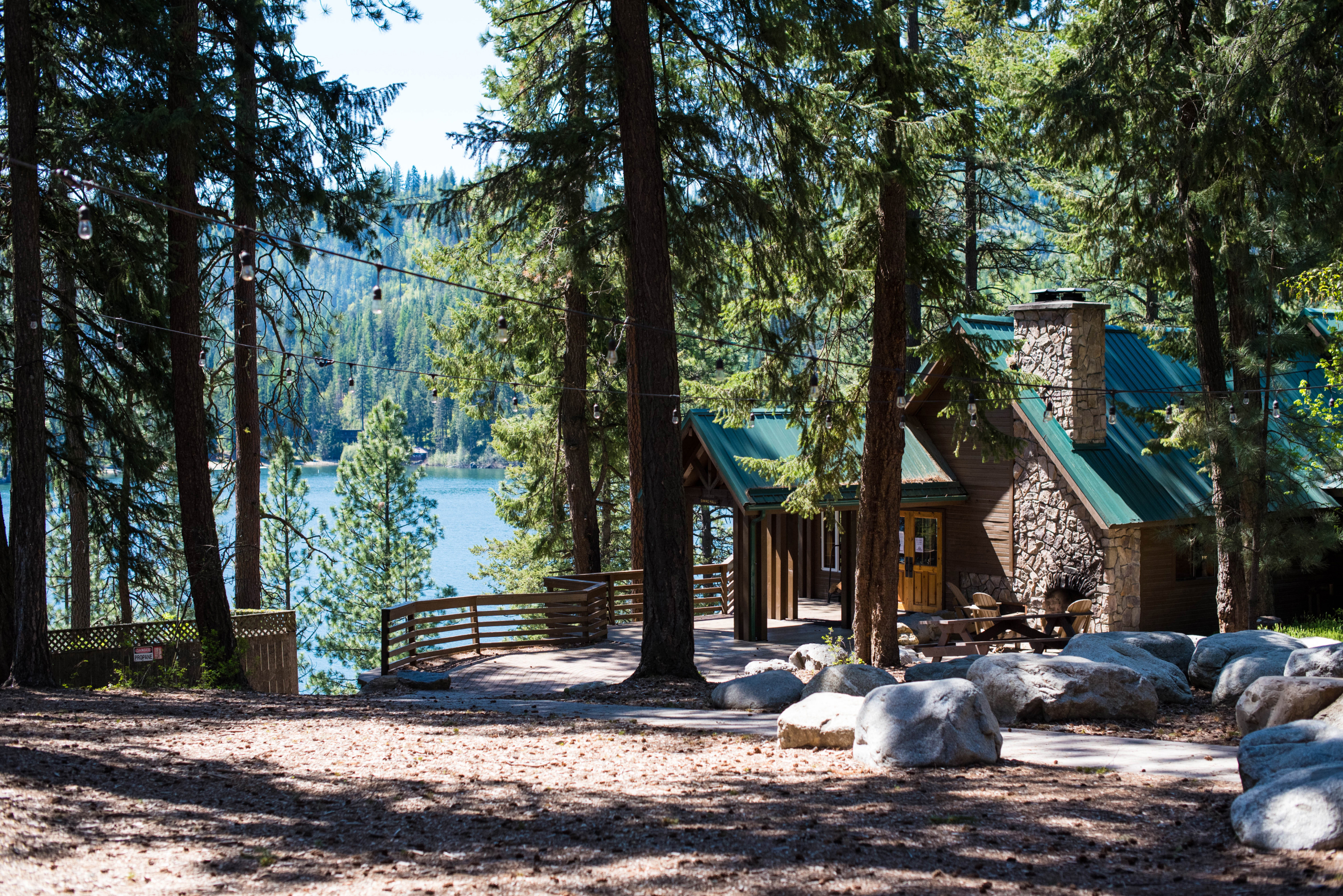 summer camp building by a lake