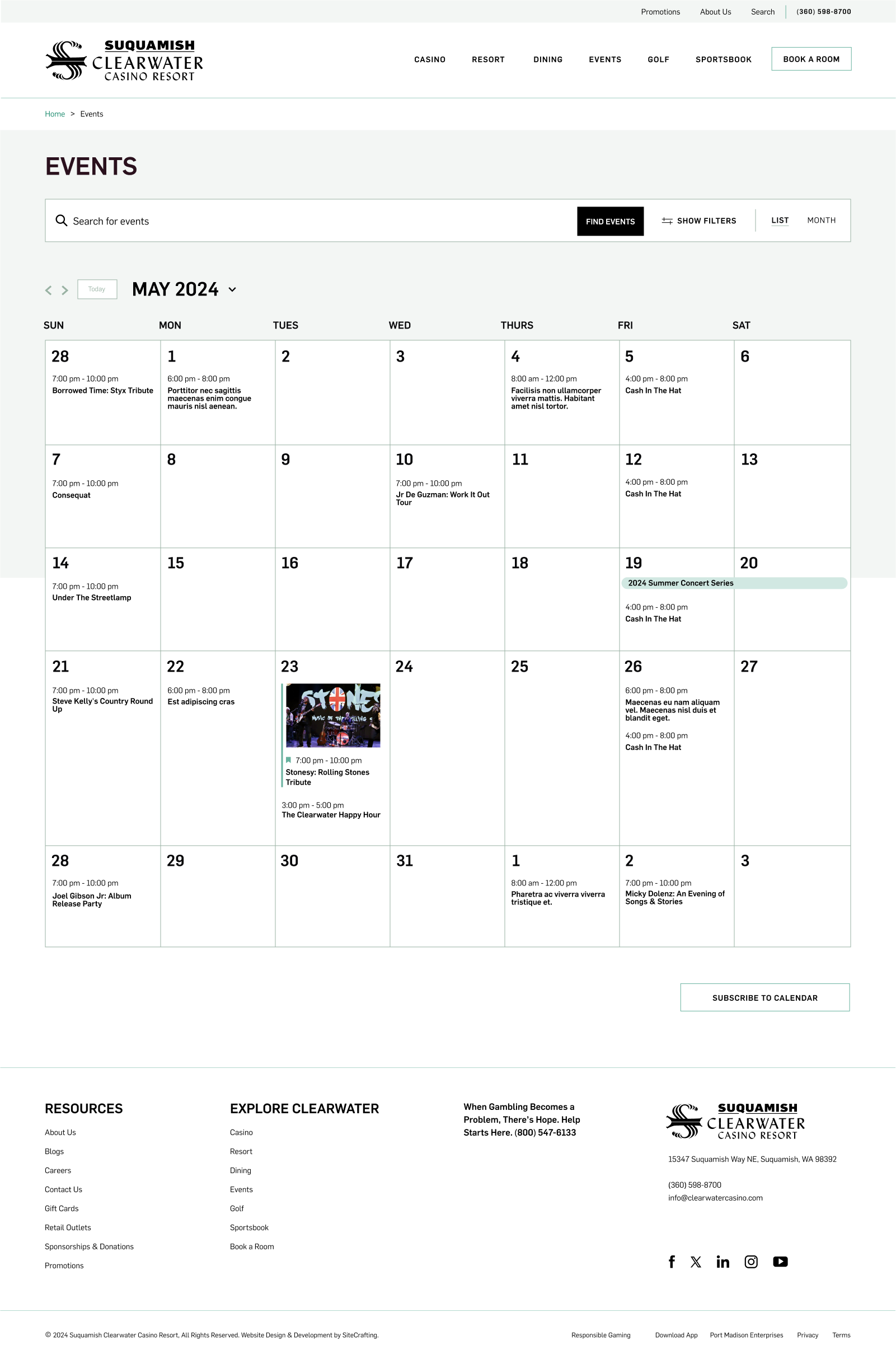 clearwater casino events calendar web page mockup