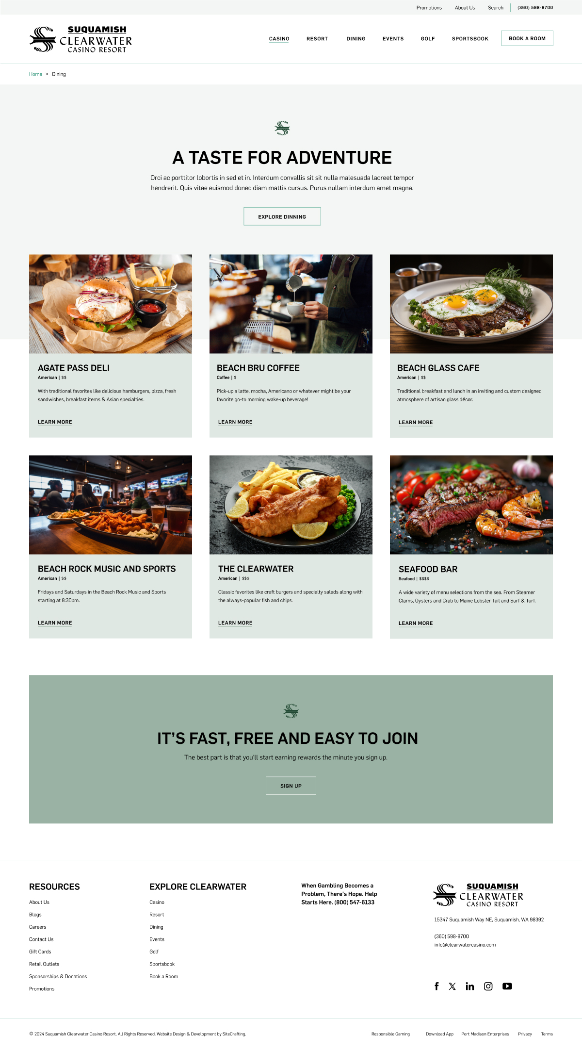 clearwater casino restaurant details web page mockup