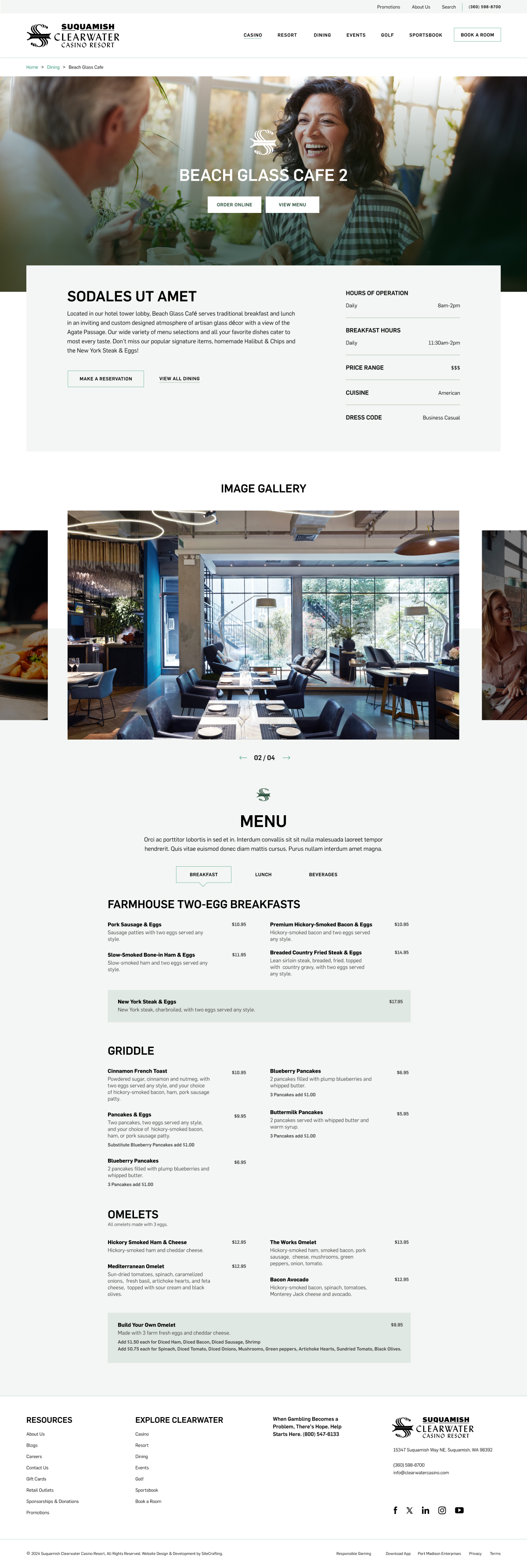 clearwater casino restaurant details web page mockup
