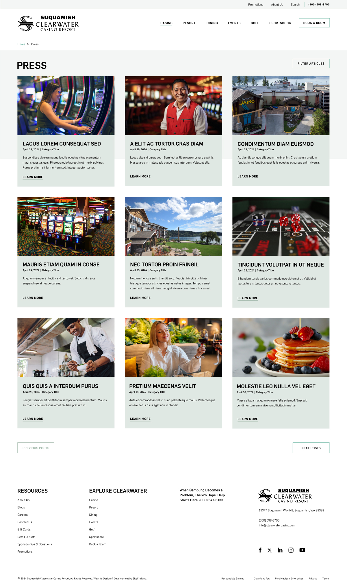 clearwater casino blog landing web page mockup