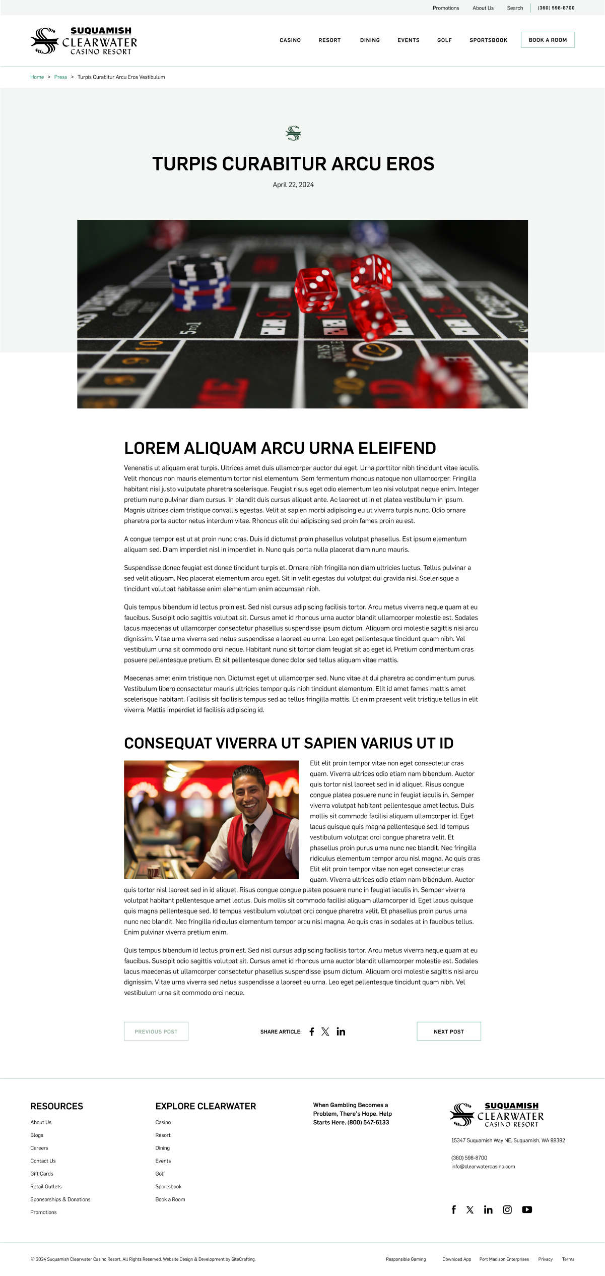 clearwater casino blog post web page mockup