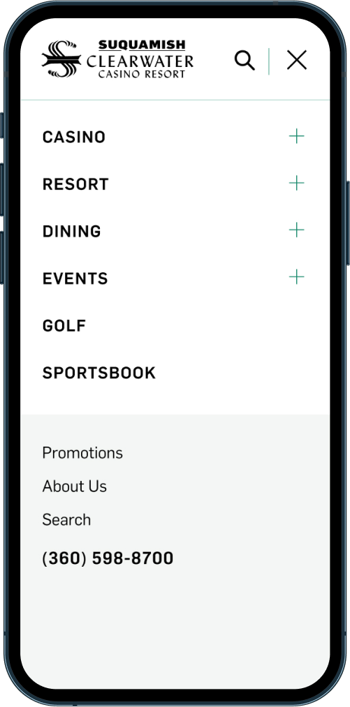 clearwater casino menu mockup on mobile device