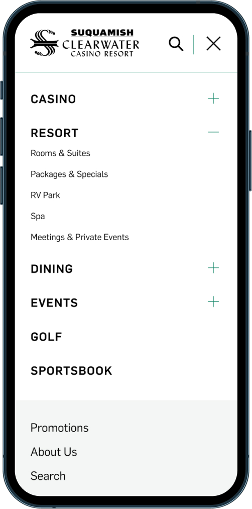 clearwater casino menu mockup on mobile device