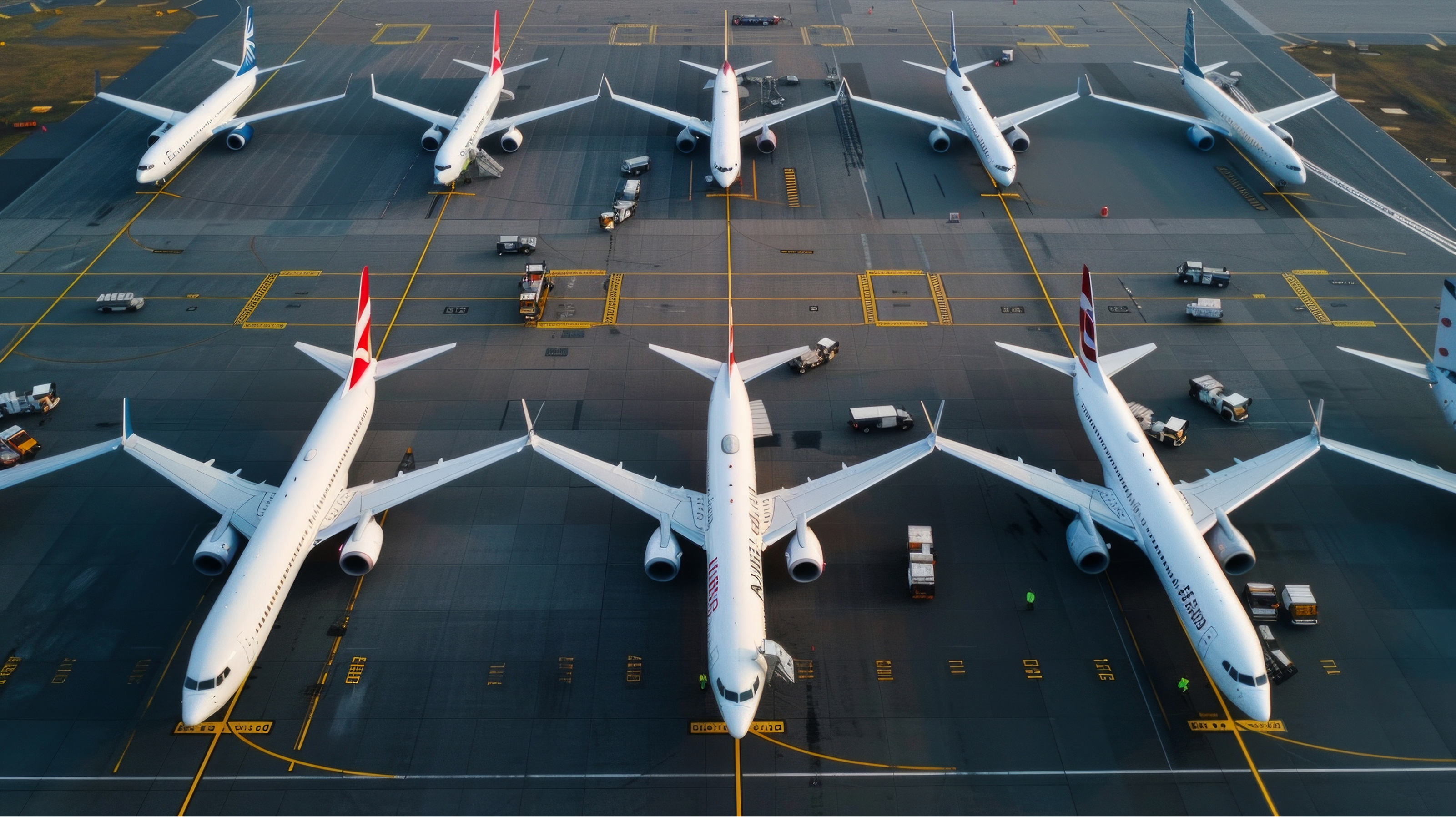 Arial view of airplanes parked on an airfield