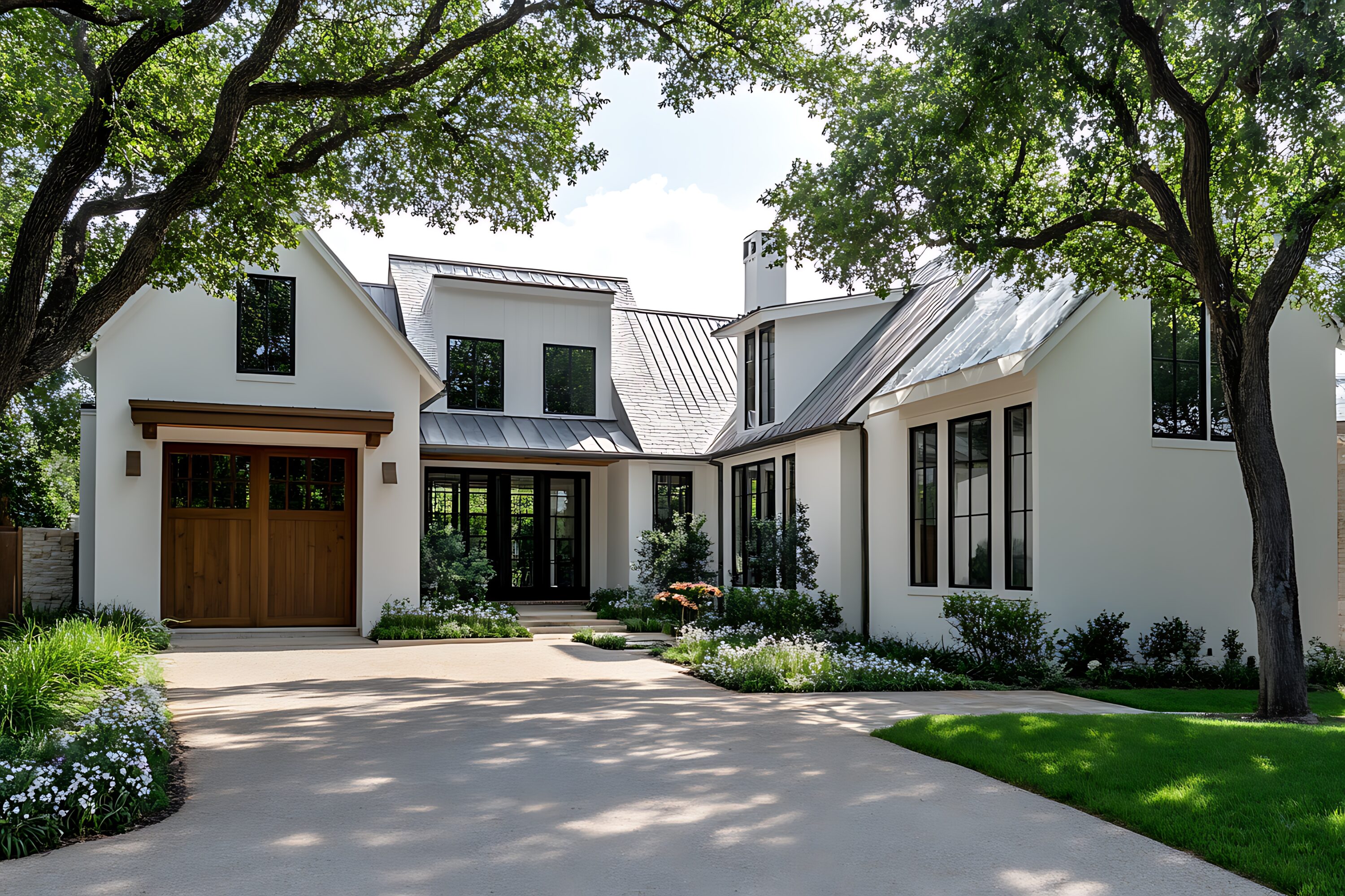 Freshly painted modern farmhouse exterior with clean lines and natural accents