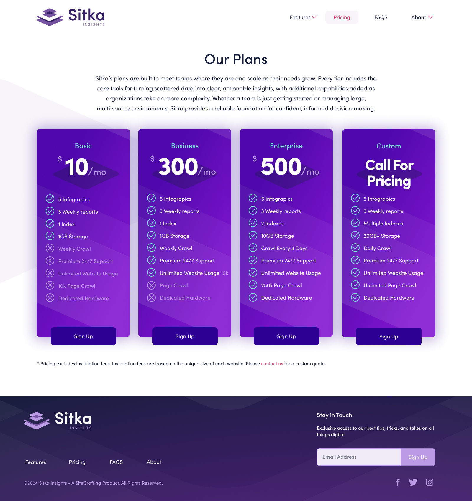 Sitka Insights website plans page design