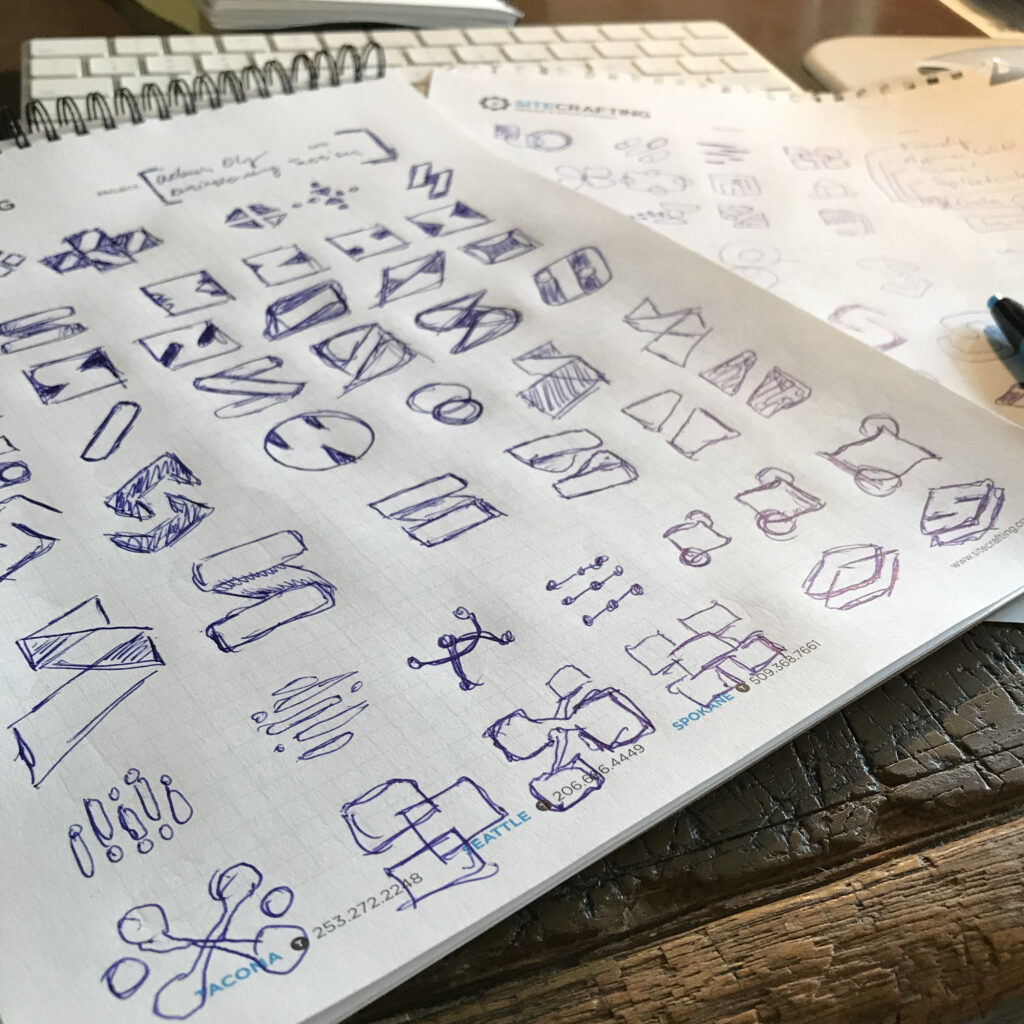 Aaron Marth's sketch pad with Initial Sitka logo brainstorming sketches
